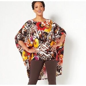 ATTITUDES by Renee Global Illusions Como Jersey Tunic Red Brown Fierce Floral LP